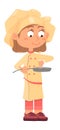 Girl seasoning food in frying pan. Cute cartoon chef kid