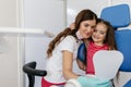 Girl seating in dental office and looking at her teeth the mirror Royalty Free Stock Photo