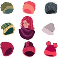 Girl with selection of winter headwear