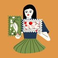 A girl with self-care spends time on her favorite hobby. A woman collects postage stamps with flowers. Vector illustration in hand