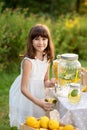 Girl sells homemade lemonade close-up and copy space.