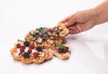 Girl served waffles with blueberry jam, Breakfast with coffee. White background, top view