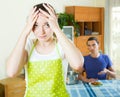 Girl serving food her man at table Royalty Free Stock Photo