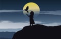 Girl set bird to freedom stand on cliff on silent evening time and full moon