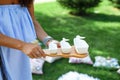 Girl with a set of white empty sauceboats on a wooden tray serves a picnic