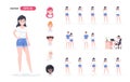 Girl set. Woman in summer clothes, shorts and a t-shirt. Cartoon people in different poses and actions isolated. Cute female Royalty Free Stock Photo