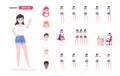 Girl set. Woman in summer clothes, shorts and a t-shirt. Cartoon people in different poses and actions isolated. Cute female Royalty Free Stock Photo