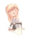 Girl sews a sewing machine. watercolor