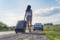 Girl in sexy denim shorts run away from home without destination. concept of road travel and hitchhiking. Towards adventure. Free Royalty Free Stock Photo