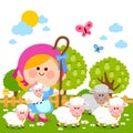 Little shepherdess girl farmer and her sheep. Vector illustration