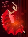 Girl in a shiny red dress in a dance pose at the top of the inscription `taste of spain`. Red background.