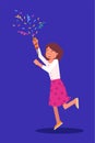 Girl with shooting slapstick cracker over blue