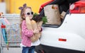 Girl with a shopping cart full of groceries near the car Royalty Free Stock Photo