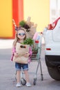 Girl with a shopping cart full of groceries near the car Royalty Free Stock Photo