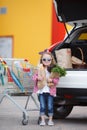 Girl with a shopping cart full of groceries near the car Royalty Free Stock Photo