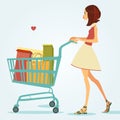 Girl with shopping cart. Vector illustration