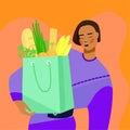 Girl shopping for groceries in paper bags. . Vector illustration Royalty Free Stock Photo