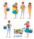 Girl shopping vector character set. Woman shopper happy holding shopping bags Royalty Free Stock Photo