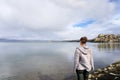 Girl at the lake and rainbow