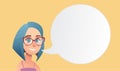 Girl with short blue hair in cartoon style with speeech bubble. Beautiful vector flat design set template. Flyer nd site elements
