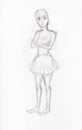 Girl in short dress hand drawn by black pencil Royalty Free Stock Photo