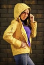 Girl short jacket urban style. Woman enjoy cool weather. Matching style and class with luxury and comfort. Fashion