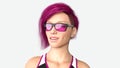 Girl with short purple hair and sunglasses, headshot portrait of a young woman isolated on white background, 3D render