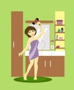 The girl in the shower room dries her hair with a hairdryer. Vector in a flat design.