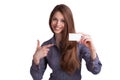 Girl showing a business card in hand