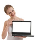 Girl showing laptop with empty space screen Royalty Free Stock Photo