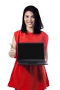 Girl showing a laptop screen Royalty Free Stock Photo