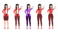 Girl showing mobile screen and other hand on waist, flat character vector illustration set