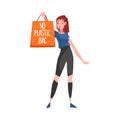 Girl Showing Paper Shopping Bag with No Plastic Bag Inscription, Female Eco Friendly Character, Zero Waste, Protection