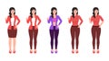 Girl showing thumbs up gesture and other hand on waist, flat character vector illustration set