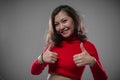 Girl shows gestures with thumb up. It`s cool and great. Royalty Free Stock Photo