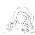 Girl shows like. The face and the thumb up, drawn by one black continuous line. Girl listening to music in headphones. White Royalty Free Stock Photo