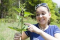 Girl shows stinging nettle leaves Royalty Free Stock Photo