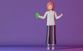 Girl shows thumb up holds mobile phone purple background 3d rendering. Smartphone screen app mockup Blank gadget display