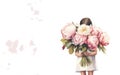 the girl shyly covered her face with a bouquet of flowers