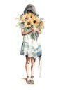 the girl shyly covered her face with a bouquet of flowers