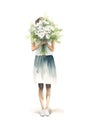 the girl shyly covered her face with a bouquet of flowers