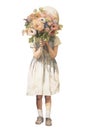 the girl shyly covered her face with a bouquet of flowers