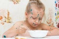 Girl sick with chickenpox, eats Royalty Free Stock Photo
