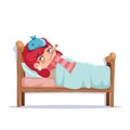 Girl sick lying in bed ill cold flu disease illness virus cartoon male character design vector illustration Royalty Free Stock Photo