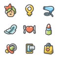 Vector Set of Woman and her habits Icons. Female, symbol of Venus mirror, hair dryer, feminine pad, heartbreaker