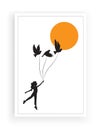 Girl silhouette flying with birds to the moon, vector, poster design isolated on white background, wall artwork Royalty Free Stock Photo