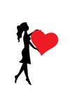 Girl silhouette illustration holding big red heart in her hands