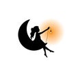 Girl silhouette on moon holding light bulb, vector