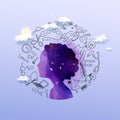 Girl Silhouette Plus Abstract Watercolor With Education Concept Thinking Doodles Icons Set With 3D Cloudy. Vector Illustration.