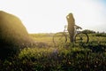 girl silhouette sitting on bicycle in a sunny summer field at sunset Royalty Free Stock Photo